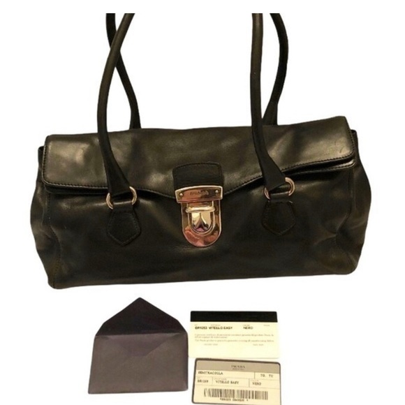 Prada black leather handbag w/ cards - Picture 3 of 11